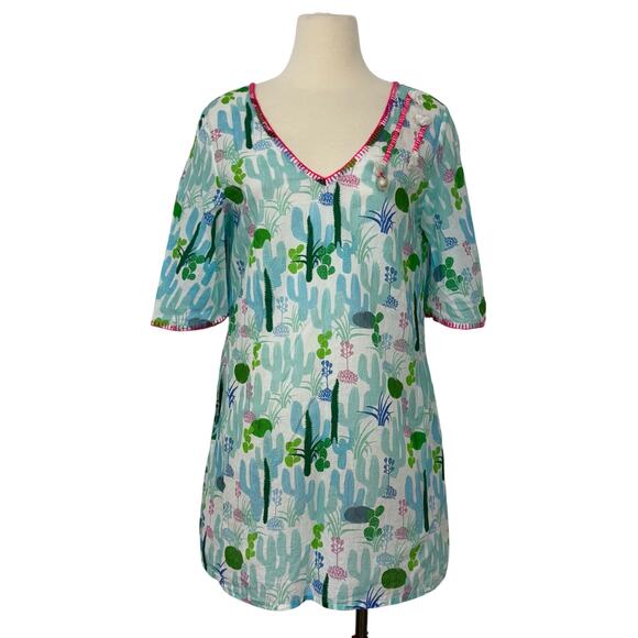 NIMO with Love Mini Dress Short Kaftan Cotton V-Neck Coverup Multicolor Print M - Picture 1 of 10